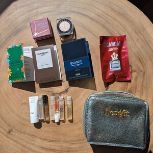 Benefit Metallic Silver Zip Cosmetic Pouch with Mini Fragrance & Makeup Samples